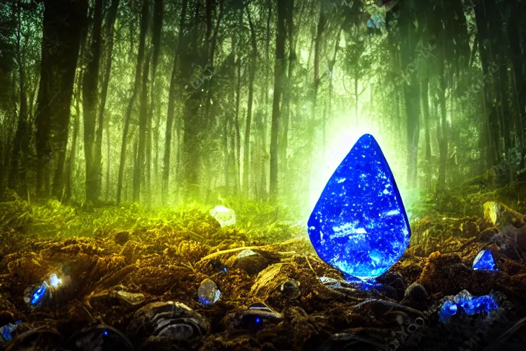 Prompt: huge glowing lazuli mystical crystal inside a dark foggy forest, surrounded by a few other glowing crystals, deep forest on background, 50mm