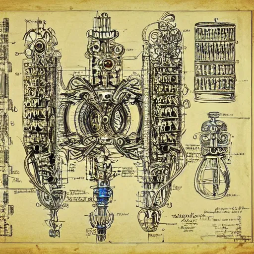 Image similar to schematic blueprint of highly detailed ornate filigreed convoluted ornamented elaborate medical equipment, art by da vinci