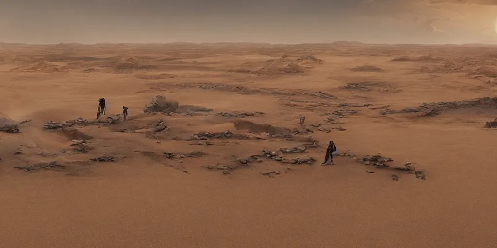 Prompt: screenshot from a movie, epic matte painting of a giant reptile skeleton in a sandy desert with scientists in the foregroud for scale, cinematic cinematography masterpiece, greg rutkowski, and ivan aivazovski, roger deakins