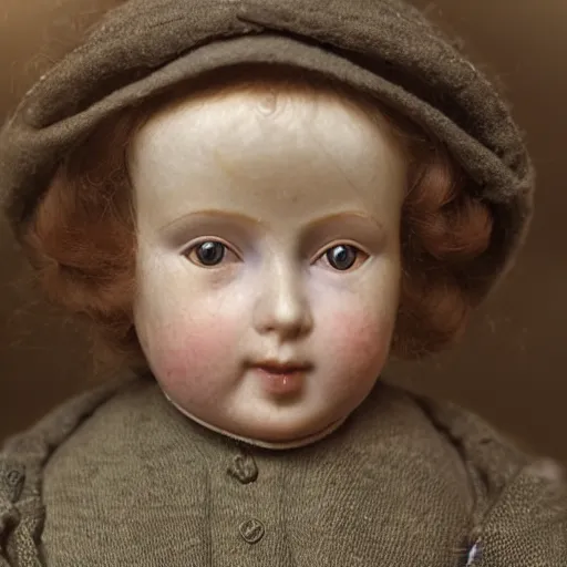 Prompt: close up portrait of a victorian child standing in a shop that sells dolls, 8 k, soft lighting, highly detailed realistic, face in focus 1 8 9 0's liminal