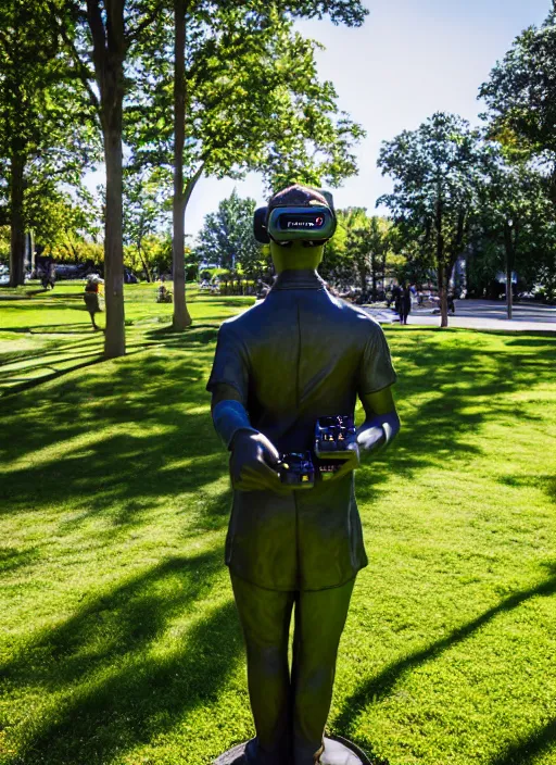 Image similar to photo still of a bronze statue of a man gaming in vr in a park on a bright sunny day, 8 k 8 5 mm f 1 6