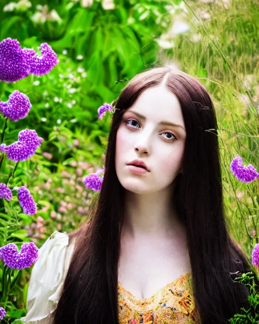 Image similar to an stunning beautiful girl is surrounded by colourful pre - raphaelites flowers and plants, symmetric face and eyes, manga style, long straight black hair, visible face 8 k, soft focus, melanchonic soft light, volumetric lighting, highly detailed realistic, refined, highly detailed, soft blur outdoor lighting, fine art fashion photography 5 0 mm f 2