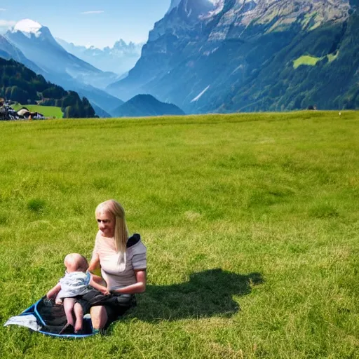 Prompt: young blond mother with infant in stroller, on grassy high meadow overlooking Lauterbrunen Valley, Switzerland