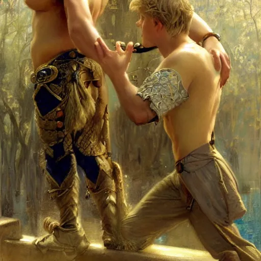 Image similar to attractive male, arthur pendragon who has blond hair confesses his love to attractive male, merlin who has dark hair. highly detailed painting by gaston bussiere, craig mullins, j. c. leyendecker 8 k