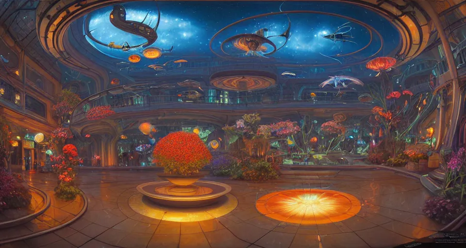 Image similar to fish eye lens a bright minimalist bioluminescent oil painting by donato giancola, warm coloured, cinematic scifi luxurious futuristic foggy steam filled victorian garden mall interior with microscopy radial windows flowers growing out of pretty bulbous ceramic fountains, gigantic pillars and flowers, maschinen krieger, beeple, star trek, star wars, ilm, atmospheric perspective