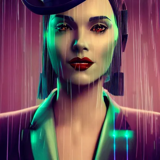 Image similar to stylish woman cartoon portrait made out of rain, pinstripe suit, top hat, cyberpunk background, rendered in octane, unreal engine, highly detailed, trending on artstation, realistic, neon, beautiful