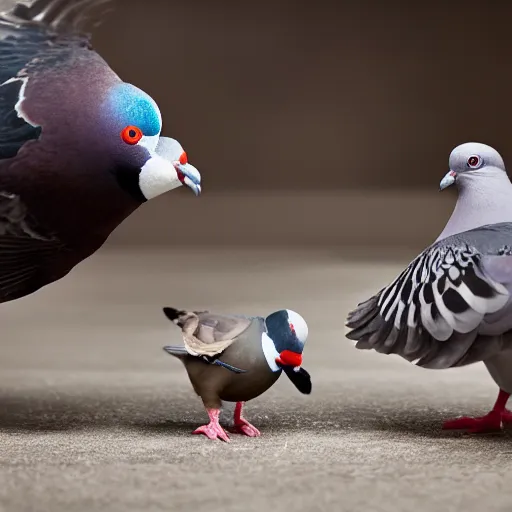 Image similar to a pigeon vs a kid kung fu style in a dojo for a piece of bread, facing each other, stand off, muscled pigeon like the rock, best photo award, high quality 8 k, cinematic lighting, cinematic composition, high detail, realism : 9 5 %