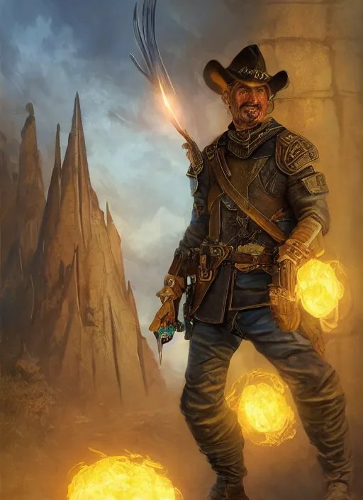 Prompt: short hair stubble male gunslinger shooter, dndbeyond, bright, realistic, dnd character portrait, full body, art by ralph horsley, dnd, rpg, lotr game design fanart by concept art, behance hd, artstation, deviantart, global illumination radiating a glowing aura global illumination ray tracing hdr render in unreal engine 5