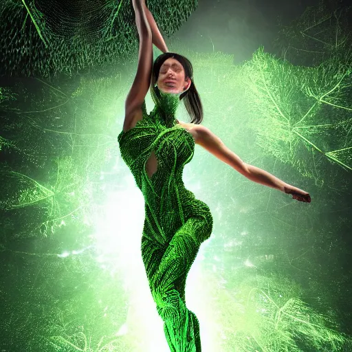 Image similar to a highly detailed ethereal full body digital image of a elegantly posed dancing futuristic woman beautifully intertwined in realistic green leafy foliage liquid like leaves shot, full body shot, by Andrew Chiampo, artstation, and Frederik Heyman, extremely detailed woman, stunning volumetric lighting, hyper realism, fantasy 4k