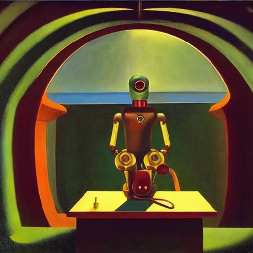 Prompt: portrait of a sophisticated robot inside a dome, pj crook, grant wood, edward hopper, syd mead, chiaroscuro, oil on canvas