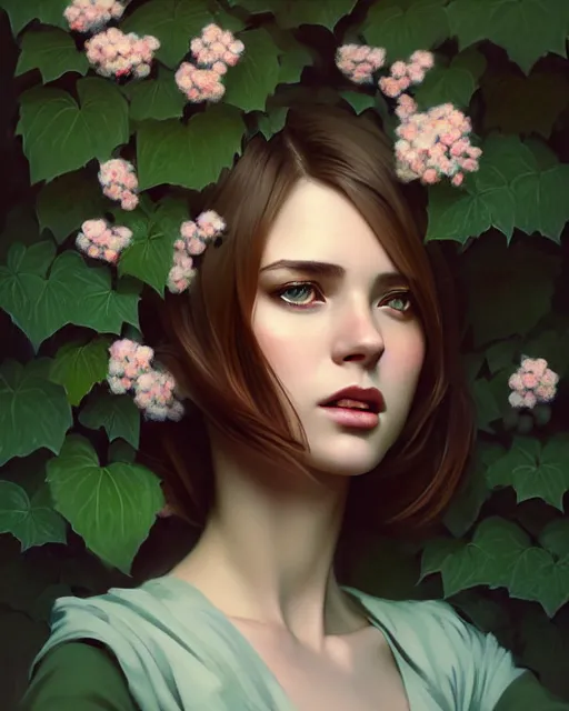 Image similar to stylized portrait of an artistic pose, composition, young lady sorrounded by nature, cinematic moody colors, ivy, flowers, one single head, realistic shaded, fine details, realistic shaded lighting poster by ilya kuvshinov, magali villeneuve, artgerm, jeremy lipkin and michael garmash and rob rey