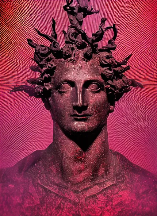 Image similar to dark design poster showing a statue of dionysus, black background with very subtle red and purple design elements, powerful, nekro, vito acconci, thin straight lines, dark, glitch art, neo vaporwave, gritty, layout frame, square, trending on artstation