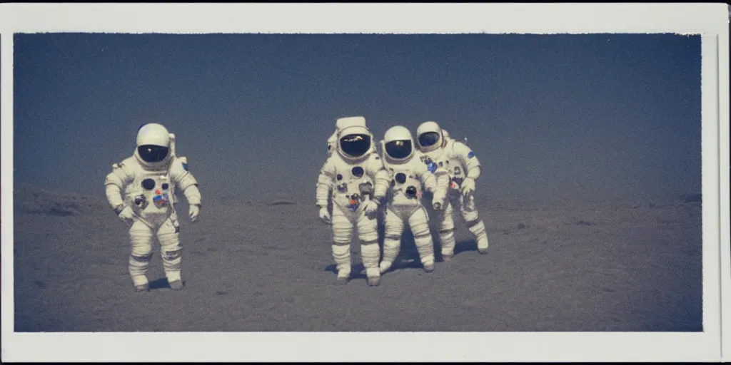 Image similar to polaroid photo of spacemen landing on a blue moon, slight color bleed, grain