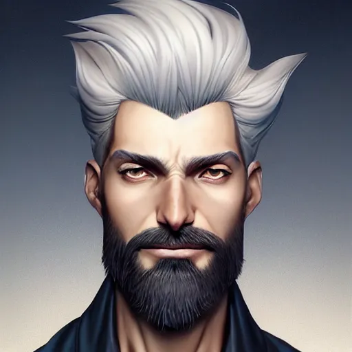 Image similar to portrait of a man with stylish white hair,an unusual beard and yellow eyes,character design by charlie bowater, ross tran, artgerm, and makoto shinkai, detailed, inked, western comic book art, 2021 award winning painting,digital art,art by greg rutkowski,photorealistic,highly detailed,hyperdetailed,hyperrealistoc,detailed face,surreal,fantasy,real life,cg society