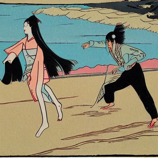 Prompt: Beautiful Japanese woman running from an old samurai on the beach Toshio Saeki, high detailed