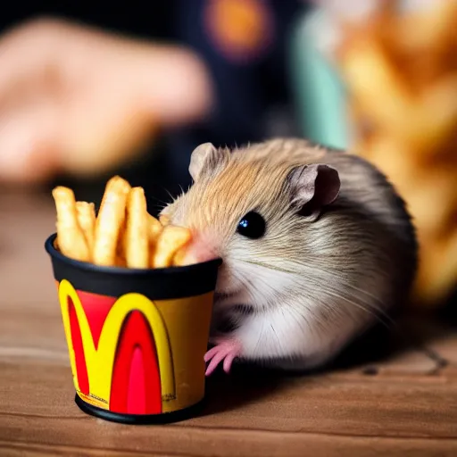 Prompt: detailed photo of a hamster eating fries, mcdonald's, various poses, full body, unedited, daylight, dof 8 k