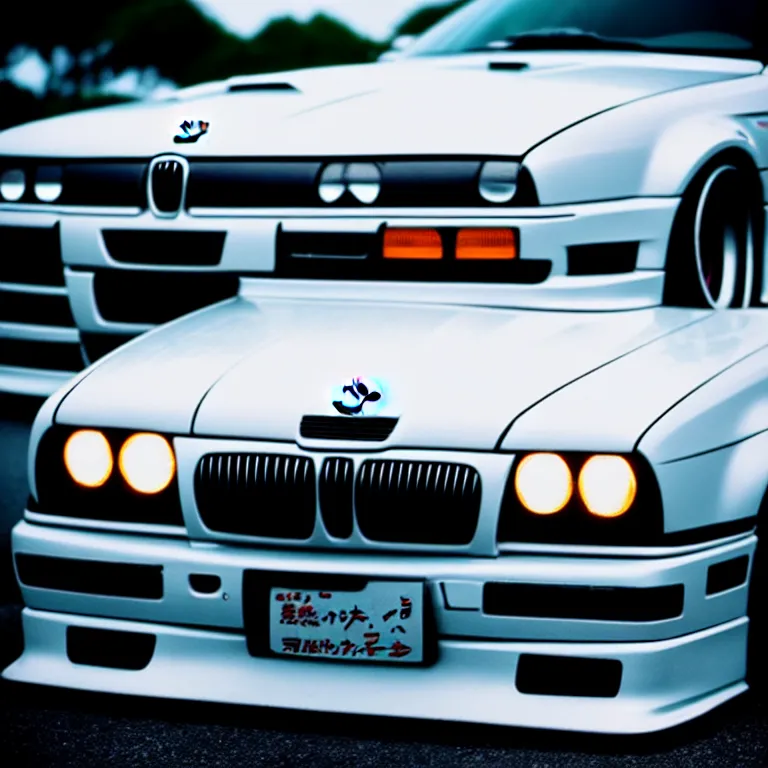 Prompt: close-up-photo BMW E36 turbo illegal meet, work-wheels, Gunma prefecture, middle of the night, cinematic color, photorealistic, high detailed deep dish wheels, highly detailed, custom headlights, neon underlighting