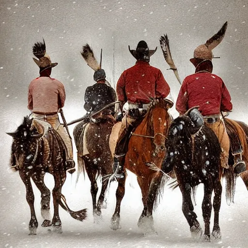 Image similar to digital art photograph savage plains indians on the warpath riding horses through a creek in a snow storm