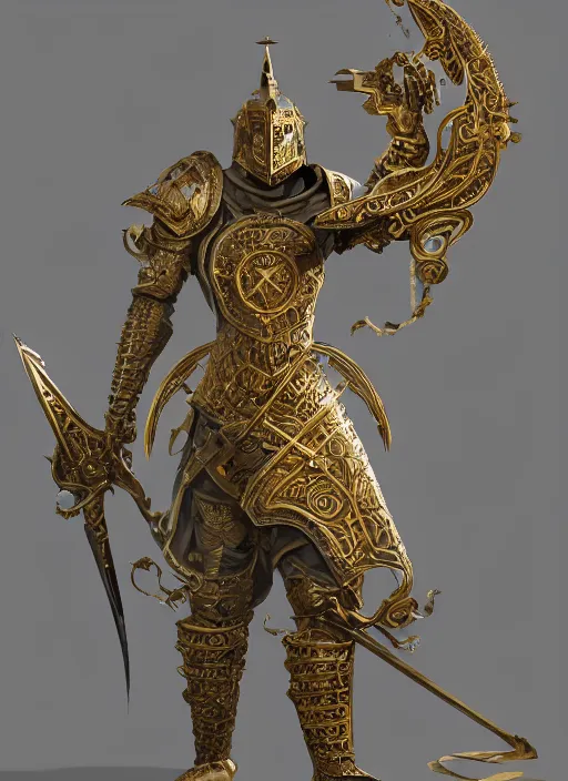 Image similar to front view, a medieval eldritch knight ornate armor made of carved wood and ivory, jeweled with strips of gold, intricate, design by feng zhu and craig mullins, peter mohrbacher, zhelong xu, ultra realistic, simple background, 8 k, octane render, unreal 5