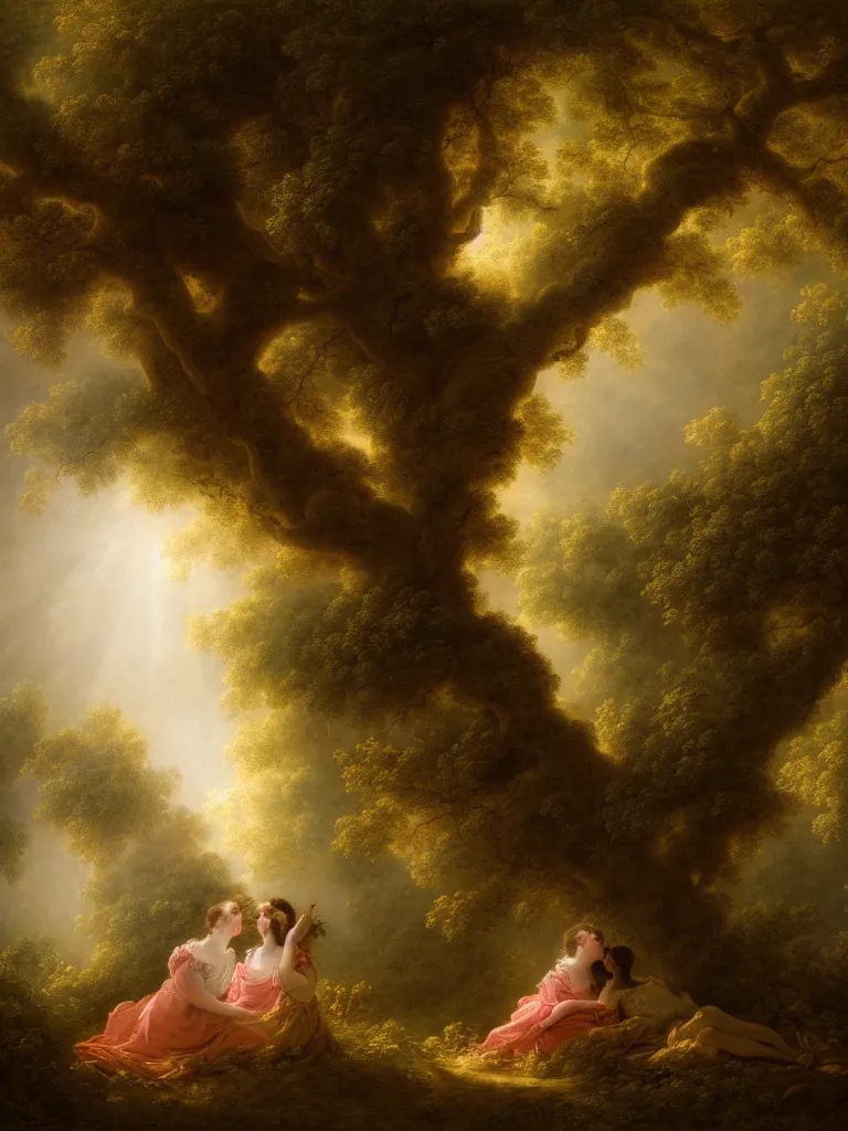 Image similar to portrait of the secret lovers kissing against a tree, shaded forest, volumetric light, afternoon, light wind, wild flowers, chiaroscuro, john longstaff, jean - honore fragonard, francois boucher, anna dittmann, 4 k