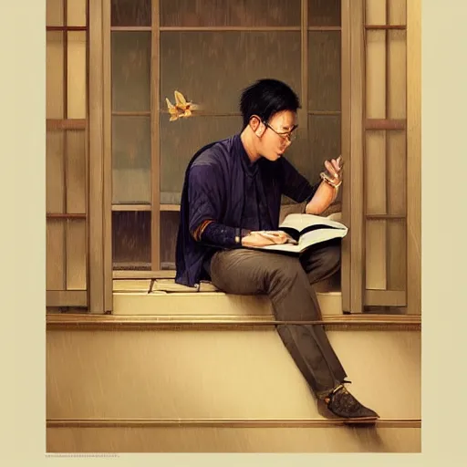 Prompt: portrait of asian guy studying by the window with rain outside, highly detailed, digital painting, artstation, concept art, smooth, sharp focus, illustration, art by artgerm and greg rutkowski and alphonse mucha