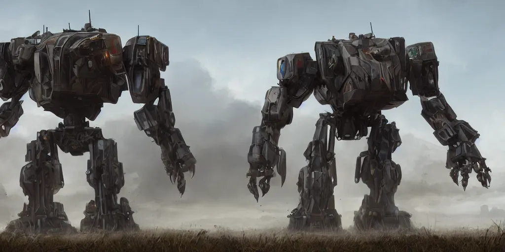 Image similar to large mech war machine walking through the countryside, cinematic lighting, dramatic camera angle, highly detailed concept art. realistic render