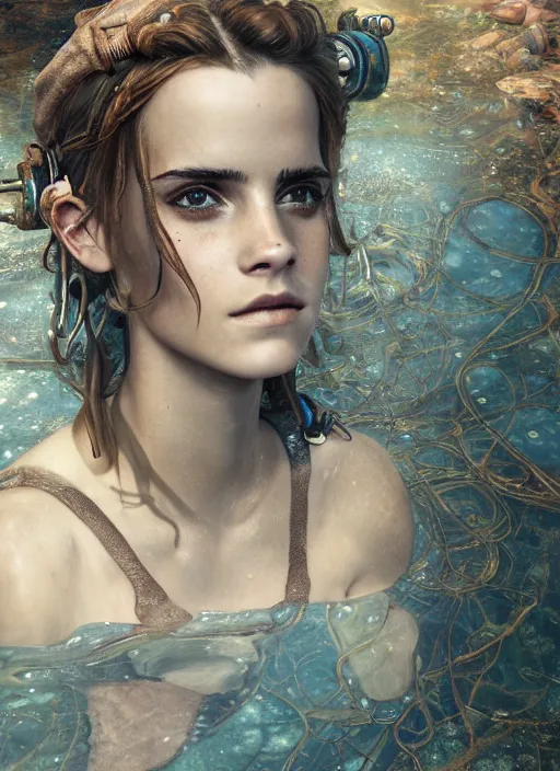 Image similar to underwater steampunk portrait of emma watson, au naturel, hyper detailed, digital art, trending in artstation, cinematic lighting, studio quality, smooth render, unreal engine 5 rendered, octane rendered, art style by klimt and nixeu and ian sprigger and wlop and krenz cushart.