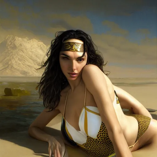 Prompt: sexy painting of gal gadot, itsy bitsy teeny weeny yellow polka dot bikini, ultra realistic, concept art, intricate details, eerie, highly detailed, photorealistic, octane render, 8 k, unreal engine, art by artgerm and greg rutkowski and alphonse mucha