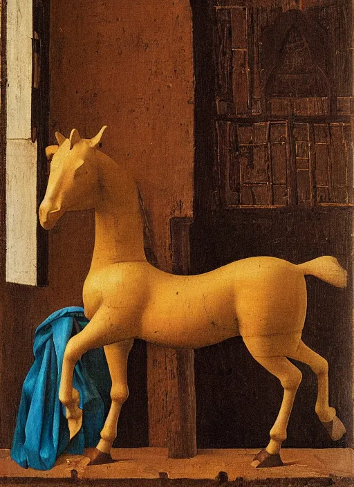 Image similar to wooden horse toy, medieval painting by jan van eyck, johannes vermeer, florence