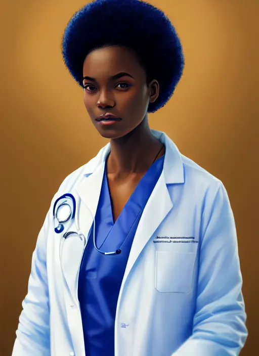 Image similar to half body portrait of young black woman as a doctor, blue scrubs and white coat, intricate, beautiful and elegant, highly detailed, digital painting, artstation, concept art, smooth, sharp focus, illustration, art by wlop, mars ravelo and greg rutkowski