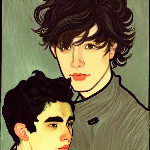 Prompt: painting of young cute handsome beautiful dark medium wavy hair man in his 2 0 s named shadow taehyung and cute handsome beautiful min - jun together at the halloween jack o lantern party, melancholy, autumn colors, elegant, painting, stylized, witchcraft, gorgeous eyes, soft facial features, delicate facial features, art by alphonse mucha, vincent van gogh, egon schiele