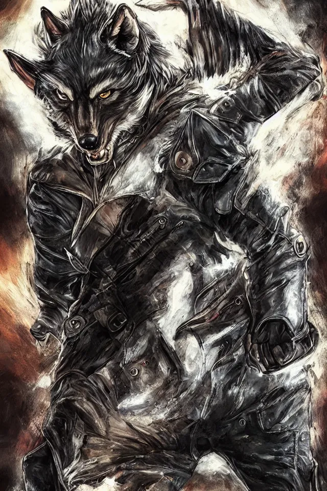 Image similar to A wolf with a small head wearing a leather jacket and leather jeans and leather gloves, trending on FurAffinity, energetic, dynamic, digital art, highly detailed, FurAffinity, high quality, digital fantasy art, FurAffinity, favorite, character art