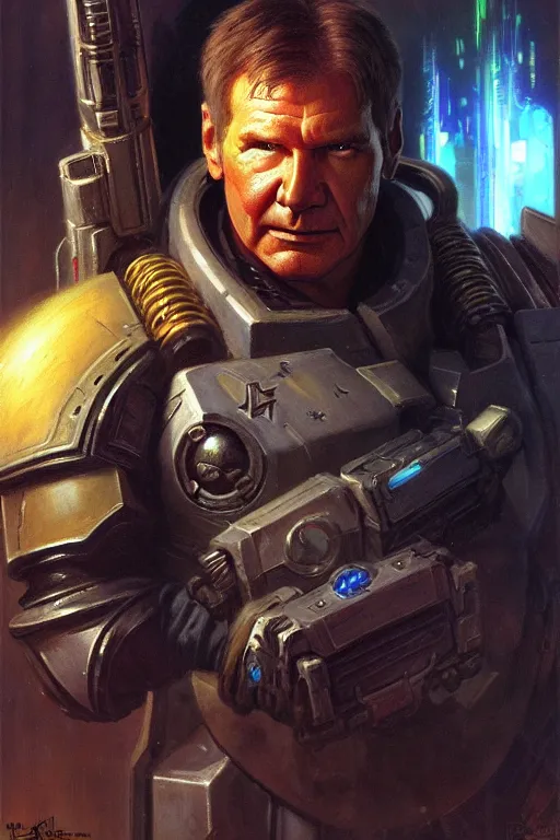 Image similar to character portrait cyberpunk starcraft terran warhammer 4 0 k space marine harrison ford, character design, painting by gaston bussiere, katsuya terada, frank frazetta, tom of finland, trending on artstation