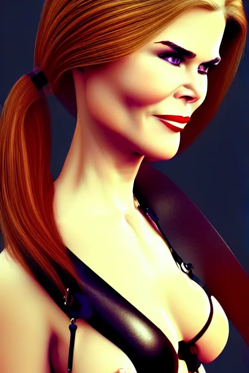 Image similar to mix of beautiful young maria shriver, mariel hemmingway, brooke shields, nicole kidman and elle macpherson as a dominatrix, thin lips, hair tied up in a pony tail, dark blonde hair, colorful, deviantart, artstation, cgsociety