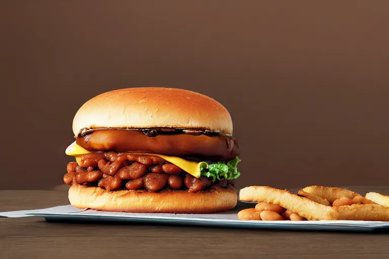 Prompt: mcdonalds baked beans burger, ( ( ( ( patty ) ) ) ), commercial photograph