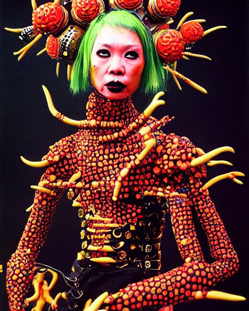 Prompt: portrait of a skinny punk goth yayoi kusama wearing armor by simon bisley, john blance, frank frazetta, fantasy, thief warrior, floral flowers colorful coral porcelain