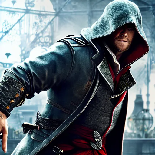 Prompt: chris hemsworth in assasin's creed syndicate, trending on arstation, 4 k portrait imagery, photorealistic imagery, concept art, 4 k, 8 k