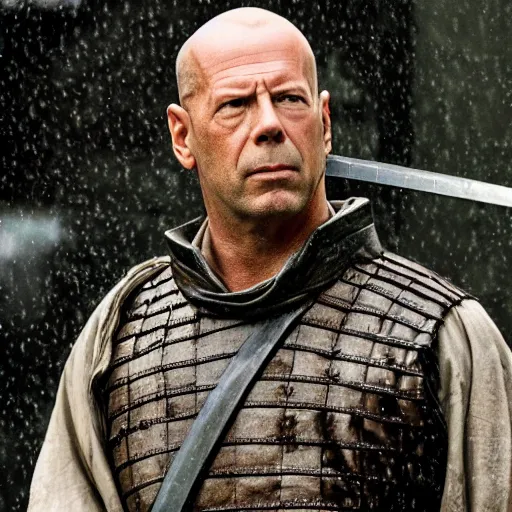 Image similar to Bruce Willis as samurai , heavy rain ,dramatic, intricate, highly detailed, smooth, sharp focus, film still, 8K