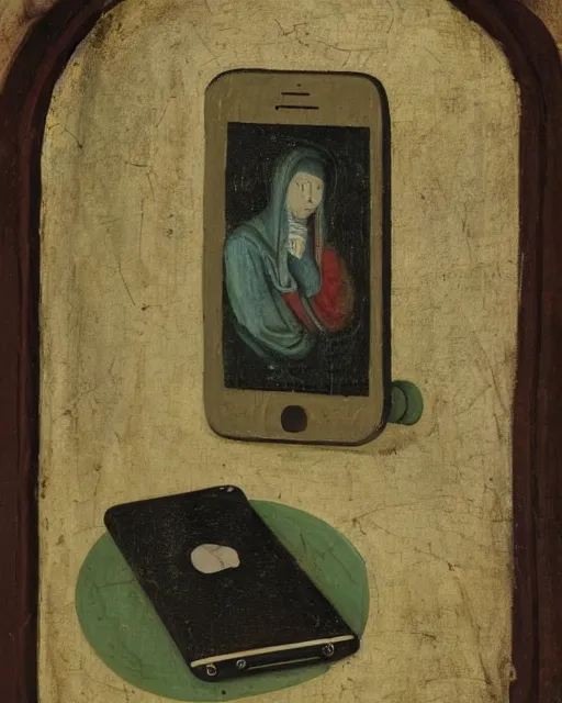 Image similar to a 1 5 th century medieval oil painting of a an iphone on a wireless charger, c. 1 4 7 8. high quality scan