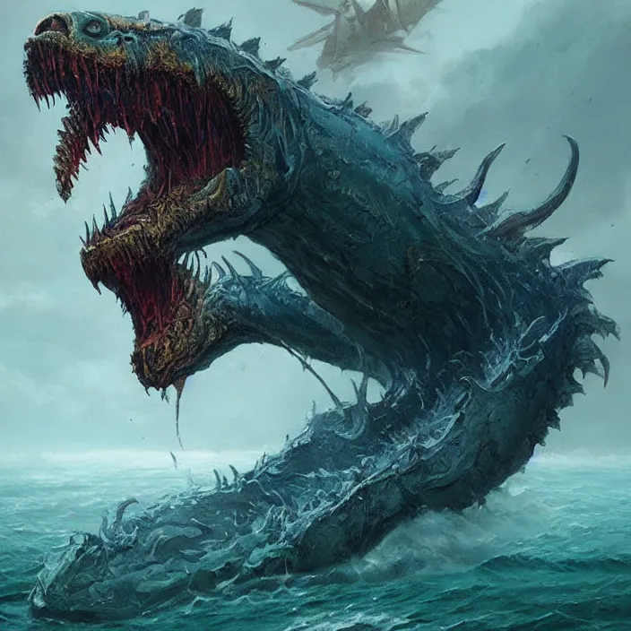 Image similar to sea monster large horror under the ocean d & d, d & d style, trending on artstation, intricate, highly detailed, vivid painting, colorful, art by greg rutkowski