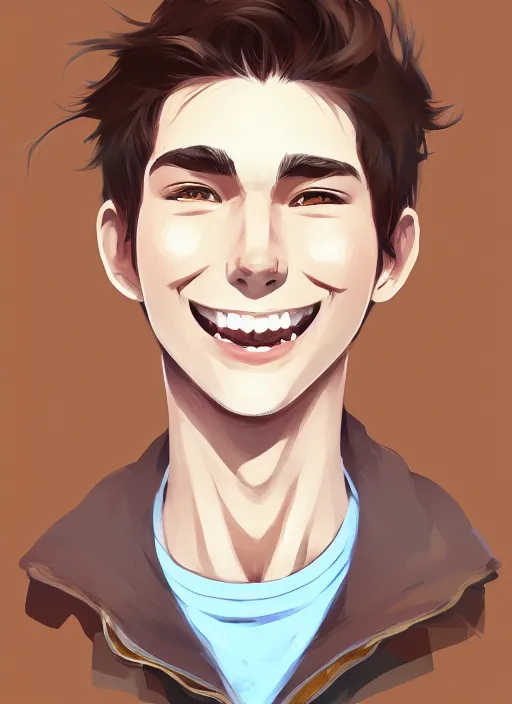 Prompt: a white young man with a big smile, prominent big eyes, round portruding chin, plump lips, brown flowers, standout colours, sharp, simple lines, digital painting, artstation, matte, sharp focus, illustration, realistic anime artstyle