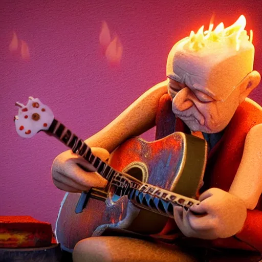 Image similar to Claymation art of a old man playing guitar, 100mm, candle lightning, industrial colours, extremely detailed, 4K