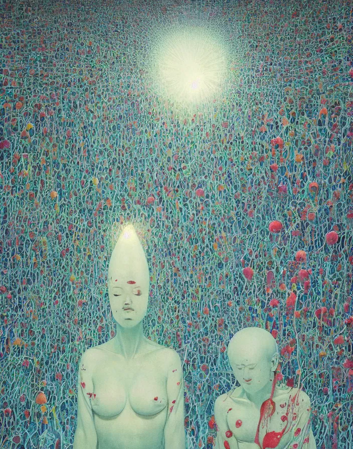 Image similar to worshippers in robes belonging to the cult of the crystal light gather inside a small room around the big glowing crystal, big glowing crystal radiating white light, small room, interior, beksinski painting, part by adrian ghenie and gerhard richter. art by takato yamamoto. masterpiece, deep colours
