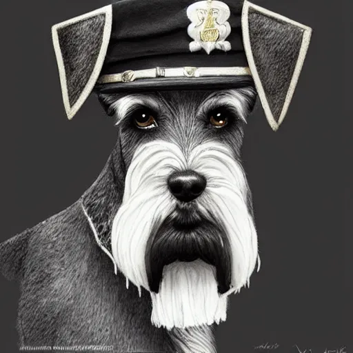 Image similar to portrait of stoic looking miniature schnauzer, military uniform, black fir, white eyebrows, fantasy, intricate, elegant, highly detailed, centered, dark, smokey, charcoal painting, digital painting, artstation, concept art, smooth, sharp focus, illustration, art by artgerm