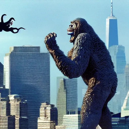 Prompt: george w bush as king kong fighting osama bin ladin as godzilla in front of the world trade centers with two airplanes in the sky