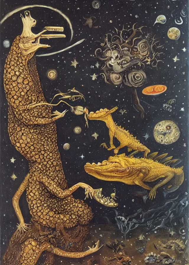 Image similar to the queen of the moon feeding stars to a crocodile with mushrooms growing on it, ominous, dark and poetic, painted on masonite, by remedios varo