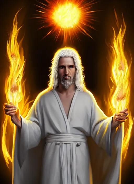 Image similar to « portrait of the white - haired jesus in a white robe and flaming yellow eyes, holding seven stars in right hand, grim - lighting, high - contrast, intricate, elegant, highly detailed, digital painting, artstation, concept art, smooth, sharp focus, illustration »