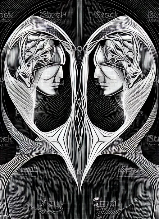 Prompt: vector art by hr giger, perfectly centered symmetrical balanced male and female portrait of man and woman in love sharing one heart. high coherence ; fractal geometrical 8 k ultra hd