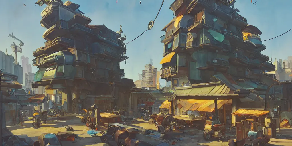 Image similar to overwatch building, stylized, exterior, architecture, in watercolor gouache detailed paintings, insanely detail, artstation, 8 k, futuristic, big medium small, arcane, simon stalenhag, food stall, interesting shapes & form, golden ratio, megastructures, vitaly bulgarov, slums, junkyard