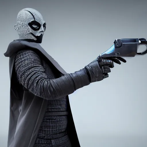 Prompt: masked villain with a dark cloak and a light grey jumpsuit holding a big iron revolver and turning his head at a 3 0 degree angle ( highly detailed, photo - realistic, hyperrealistic, flashing lights, greatly illustrated, uhd, 4 k render image )